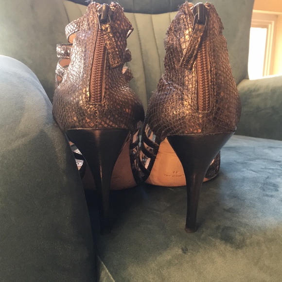 Bronze snakeskin strappy peep toe with zip heel. - Picture 5 of 5